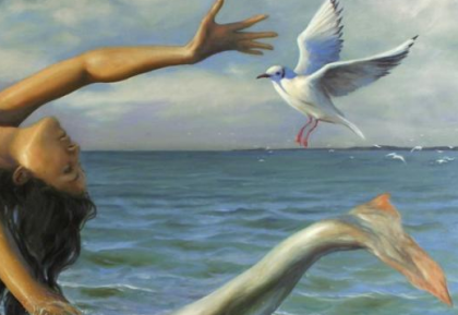 THIS IS A PAINTING OF A MERMAID CATCHING A BIRD TO EAT