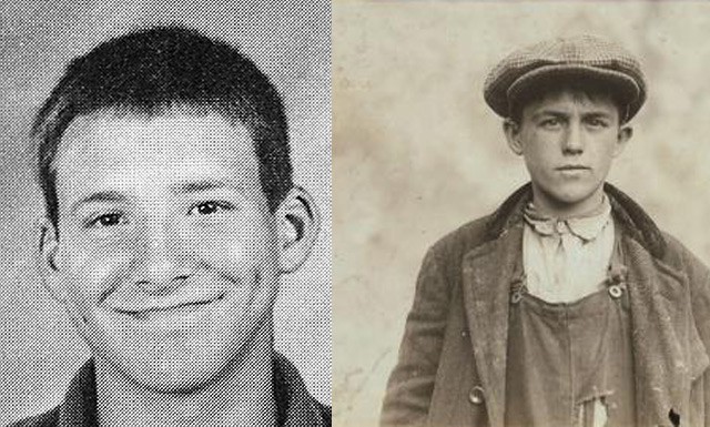 Left: Dallas Cowboys Quarterback Tony Romo, age 17. Right: Irish Sweeper in Fall River Iron Works, age 17, circa 1900.